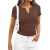image:imagePRETTYGARDEN Henley Shirts for Women 2026 Summer Short Sleeve Tops V Neck Basic Tees Fitted Ribbed Button Up Work ShirtsBrown