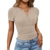 image:imagePRETTYGARDEN Henley Shirts for Women 2026 Summer Short Sleeve Tops V Neck Basic Tees Fitted Ribbed Button Up Work ShirtsLight Khaki