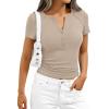 image:imagePRETTYGARDEN Henley Shirts for Women 2026 Summer Short Sleeve Tops V Neck Basic Tees Fitted Ribbed Button Up Work ShirtsLight Khaki
