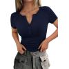image:imagePRETTYGARDEN Henley Shirts for Women 2026 Summer Short Sleeve Tops V Neck Basic Tees Fitted Ribbed Button Up Work ShirtsNavy