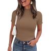 image:imagePRETTYGARDEN Short Sleeve T Shirts for Women Summer Clothes 2026 Casual Spring Tops Ruffle Mock Neck Ribbed Fitted Basic TeesLight Brown