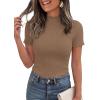 image:imagePRETTYGARDEN Short Sleeve T Shirts for Women Summer Clothes 2026 Casual Spring Tops Ruffle Mock Neck Ribbed Fitted Basic TeesLight Brown