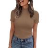 image:imagePRETTYGARDEN Short Sleeve T Shirts for Women Summer Clothes 2026 Casual Spring Tops Ruffle Mock Neck Ribbed Fitted Basic TeesLight Brown