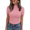 image:imagePRETTYGARDEN Short Sleeve T Shirts for Women Summer Clothes 2026 Casual Spring Tops Ruffle Mock Neck Ribbed Fitted Basic TeesPink