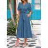 image:imagePRETTYGARDEN Summer Dresses for Women 2026 Elegant Classy Short Sleeve V Neck Ruffle A Line Belted Long Beach Vacation DressGrey Blue