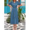 image:imagePRETTYGARDEN Summer Dresses for Women 2026 Elegant Classy Short Sleeve V Neck Ruffle A Line Belted Long Beach Vacation DressGrey Blue