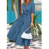 image:imagePRETTYGARDEN Summer Dresses for Women 2026 Elegant Classy Short Sleeve V Neck Ruffle A Line Belted Long Beach Vacation DressGrey Blue