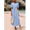 image:imagePRETTYGARDEN Summer Dresses for Women 2026 Elegant Classy Short Sleeve V Neck Ruffle A Line Belted Long Beach Vacation DressLight Blue