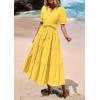 image:imagePRETTYGARDEN Summer Dresses for Women 2026 Elegant Classy Short Sleeve V Neck Ruffle A Line Belted Long Beach Vacation DressYellow