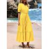 image:imagePRETTYGARDEN Summer Dresses for Women 2026 Elegant Classy Short Sleeve V Neck Ruffle A Line Belted Long Beach Vacation DressYellow