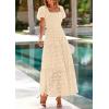 image:imagePRETTYGARDEN Summer Dresses for Women 2026 Eyelet Square Neck Puff Sleeve Smocked Wedding Guest Maxi Dress with PocketsBeige