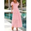 image:imagePRETTYGARDEN Summer Dresses for Women 2026 Eyelet Square Neck Puff Sleeve Smocked Wedding Guest Maxi Dress with PocketsPink