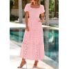 image:imagePRETTYGARDEN Summer Dresses for Women 2026 Eyelet Square Neck Puff Sleeve Smocked Wedding Guest Maxi Dress with PocketsPink