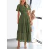 image:imagePRETTYGARDEN Womens 2026 Summer Maxi Dress Short Sleeve V Neck Hollow Out Eyelet A Line Long Flowy Beach Vacation DressesArmy Green