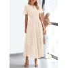 image:imagePRETTYGARDEN Womens 2026 Summer Maxi Dress Short Sleeve V Neck Hollow Out Eyelet A Line Long Flowy Beach Vacation DressesBeige