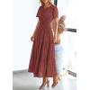 image:imagePRETTYGARDEN Womens 2026 Summer Maxi Dress Short Sleeve V Neck Hollow Out Eyelet A Line Long Flowy Beach Vacation DressesBrown Red