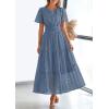 image:imagePRETTYGARDEN Womens 2026 Summer Maxi Dress Short Sleeve V Neck Hollow Out Eyelet A Line Long Flowy Beach Vacation DressesDusty Blue