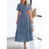 image:imagePRETTYGARDEN Womens 2026 Summer Maxi Dress Short Sleeve V Neck Hollow Out Eyelet A Line Long Flowy Beach Vacation DressesDusty Blue