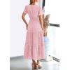 image:imagePRETTYGARDEN Womens 2026 Summer Maxi Dress Short Sleeve V Neck Hollow Out Eyelet A Line Long Flowy Beach Vacation DressesPink