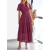 image:imagePRETTYGARDEN Womens 2026 Summer Maxi Dress Short Sleeve V Neck Hollow Out Eyelet A Line Long Flowy Beach Vacation DressesWine Red
