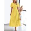 image:imagePRETTYGARDEN Womens 2026 Summer Maxi Dress Short Sleeve V Neck Hollow Out Eyelet A Line Long Flowy Beach Vacation DressesYellow