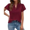 image:imagePRETTYGARDEN Womens 2026 Summer Satin Blouses Dressy Casual Ruffle Cap Sleeve V Neck Business Work Cute Tops Spring OutfitsBurgundy