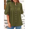 image:imagePRETTYGARDEN Womens 2026 Summer Short Lantern Sleeve Tops Loose Fit Button Down Shirt Pleated V Neck Blouses Trendy ClothesArmy Green