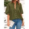 image:imagePRETTYGARDEN Womens 2026 Summer Short Lantern Sleeve Tops Loose Fit Button Down Shirt Pleated V Neck Blouses Trendy ClothesArmy Green