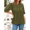 image:imagePRETTYGARDEN Womens 2026 Summer Short Lantern Sleeve Tops Loose Fit Button Down Shirt Pleated V Neck Blouses Trendy ClothesArmy Green