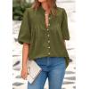 image:imagePRETTYGARDEN Womens 2026 Summer Short Lantern Sleeve Tops Loose Fit Button Down Shirt Pleated V Neck Blouses Trendy ClothesArmy Green