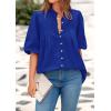 image:imagePRETTYGARDEN Womens 2026 Summer Short Lantern Sleeve Tops Loose Fit Button Down Shirt Pleated V Neck Blouses Trendy ClothesBlue