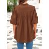 image:imagePRETTYGARDEN Womens 2026 Summer Short Lantern Sleeve Tops Loose Fit Button Down Shirt Pleated V Neck Blouses Trendy ClothesBrown