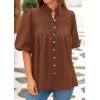 image:imagePRETTYGARDEN Womens 2026 Summer Short Lantern Sleeve Tops Loose Fit Button Down Shirt Pleated V Neck Blouses Trendy ClothesBrown