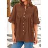 image:imagePRETTYGARDEN Womens 2026 Summer Short Lantern Sleeve Tops Loose Fit Button Down Shirt Pleated V Neck Blouses Trendy ClothesBrown