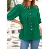 image:imagePRETTYGARDEN Womens 2026 Summer Short Lantern Sleeve Tops Loose Fit Button Down Shirt Pleated V Neck Blouses Trendy ClothesGreen