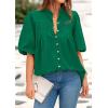 image:imagePRETTYGARDEN Womens 2026 Summer Short Lantern Sleeve Tops Loose Fit Button Down Shirt Pleated V Neck Blouses Trendy ClothesGreen