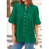 image:imagePRETTYGARDEN Womens 2026 Summer Short Lantern Sleeve Tops Loose Fit Button Down Shirt Pleated V Neck Blouses Trendy ClothesGreen