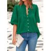 image:imagePRETTYGARDEN Womens 2026 Summer Short Lantern Sleeve Tops Loose Fit Button Down Shirt Pleated V Neck Blouses Trendy ClothesGreen