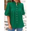 image:imagePRETTYGARDEN Womens 2026 Summer Short Lantern Sleeve Tops Loose Fit Button Down Shirt Pleated V Neck Blouses Trendy ClothesGreen