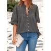 image:imagePRETTYGARDEN Womens 2026 Summer Short Lantern Sleeve Tops Loose Fit Button Down Shirt Pleated V Neck Blouses Trendy ClothesGrey