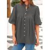 image:imagePRETTYGARDEN Womens 2026 Summer Short Lantern Sleeve Tops Loose Fit Button Down Shirt Pleated V Neck Blouses Trendy ClothesGrey