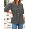 image:imagePRETTYGARDEN Womens 2026 Summer Short Lantern Sleeve Tops Loose Fit Button Down Shirt Pleated V Neck Blouses Trendy ClothesGrey