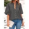 image:imagePRETTYGARDEN Womens 2026 Summer Short Lantern Sleeve Tops Loose Fit Button Down Shirt Pleated V Neck Blouses Trendy ClothesGrey
