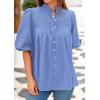 image:imagePRETTYGARDEN Womens 2026 Summer Short Lantern Sleeve Tops Loose Fit Button Down Shirt Pleated V Neck Blouses Trendy ClothesLight Blue