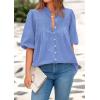 image:imagePRETTYGARDEN Womens 2026 Summer Short Lantern Sleeve Tops Loose Fit Button Down Shirt Pleated V Neck Blouses Trendy ClothesLight Blue