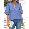 image:imagePRETTYGARDEN Womens 2026 Summer Short Lantern Sleeve Tops Loose Fit Button Down Shirt Pleated V Neck Blouses Trendy ClothesLight Blue