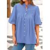 image:imagePRETTYGARDEN Womens 2026 Summer Short Lantern Sleeve Tops Loose Fit Button Down Shirt Pleated V Neck Blouses Trendy ClothesLight Blue