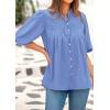 image:imagePRETTYGARDEN Womens 2026 Summer Short Lantern Sleeve Tops Loose Fit Button Down Shirt Pleated V Neck Blouses Trendy ClothesLight Blue