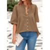 image:imagePRETTYGARDEN Womens 2026 Summer Short Lantern Sleeve Tops Loose Fit Button Down Shirt Pleated V Neck Blouses Trendy ClothesLight Khaki