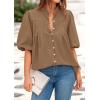 image:imagePRETTYGARDEN Womens 2026 Summer Short Lantern Sleeve Tops Loose Fit Button Down Shirt Pleated V Neck Blouses Trendy ClothesLight Khaki